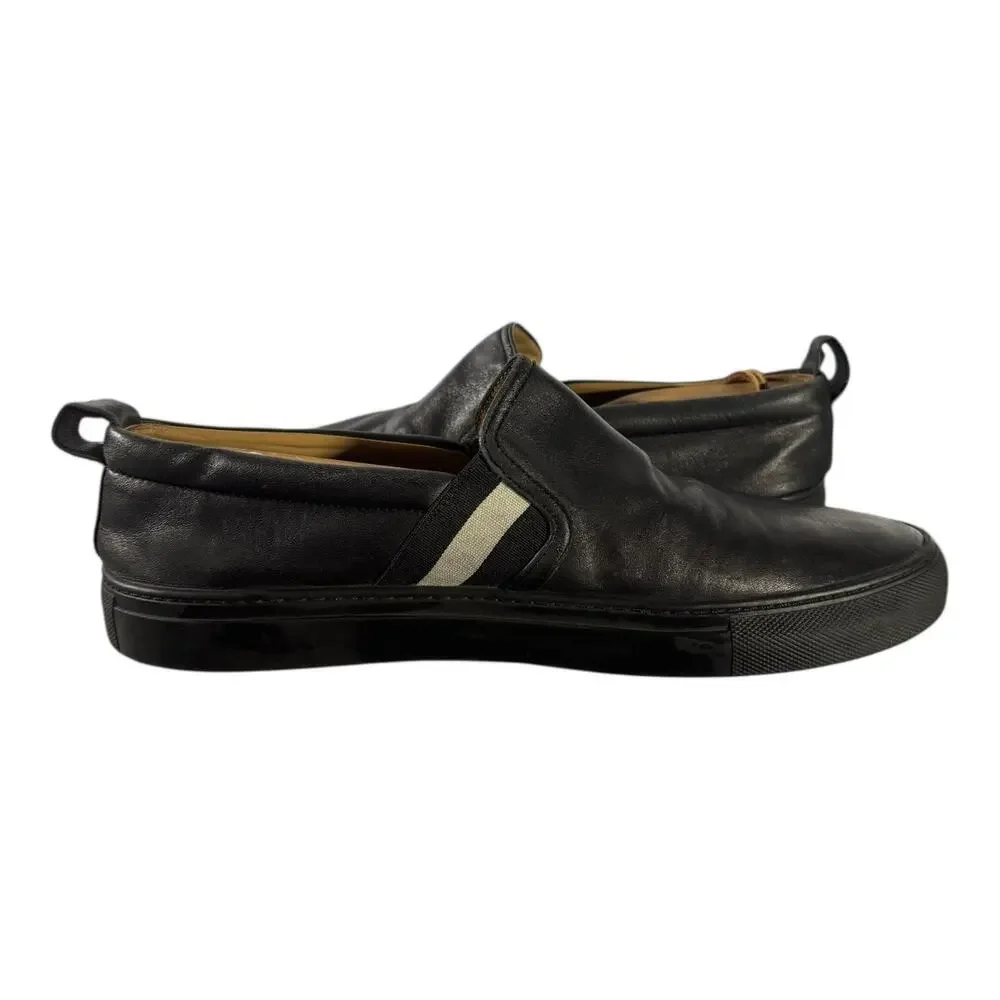 Bally Herald Men’s 200 Black Leather Slip On White Stripe Dress Sneakers 10 D